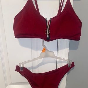 MAROON ZIP UP BIKINI SET RIBBED